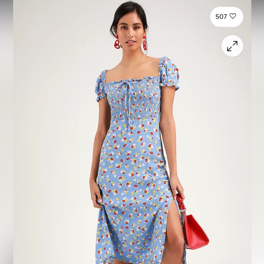 Faithfull the Brand Castilo Blue Floral Print Smocked Midi Dress- US 6